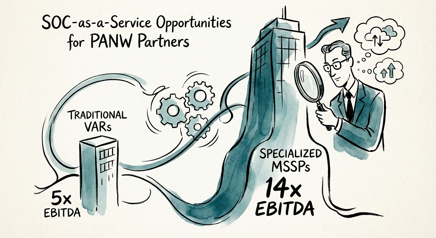 Chart comparing EBITDA valuation multiples of Traditional VARs (5x) vs. Specialized MSSPs (14x).