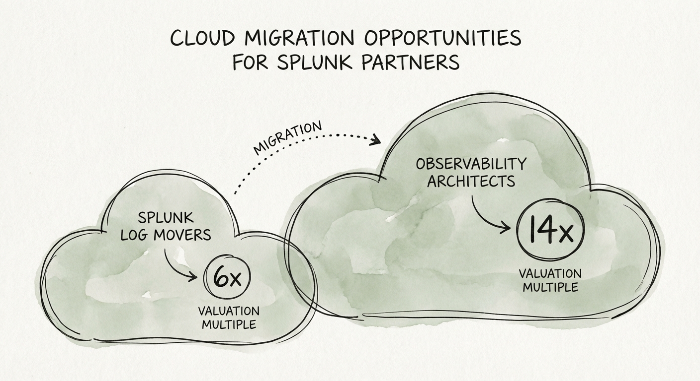 Comparison chart showing valuation multiples of Splunk Log Movers (6x) versus Observability Architects (14x).