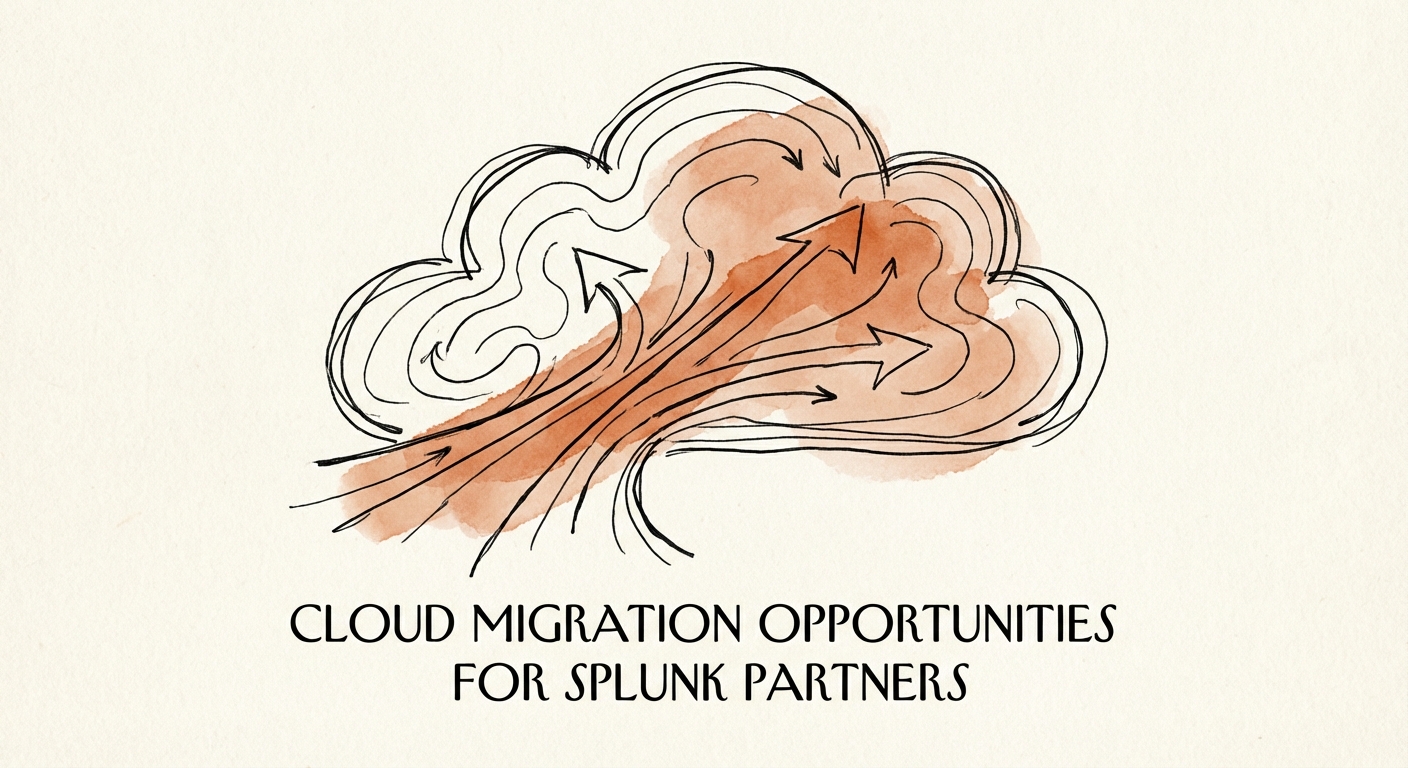 Abstract visualization of data streams merging into a cloud structure, representing Splunk Cloud migration and observability.