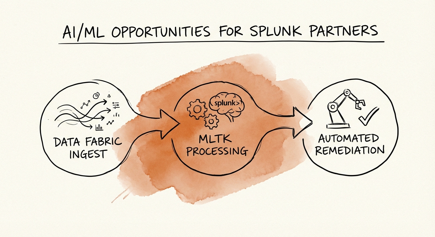 Diagram illustrating the 'Agentic Observability' workflow: Data Fabric Ingest -> MLTK Processing -> Automated Remediation.