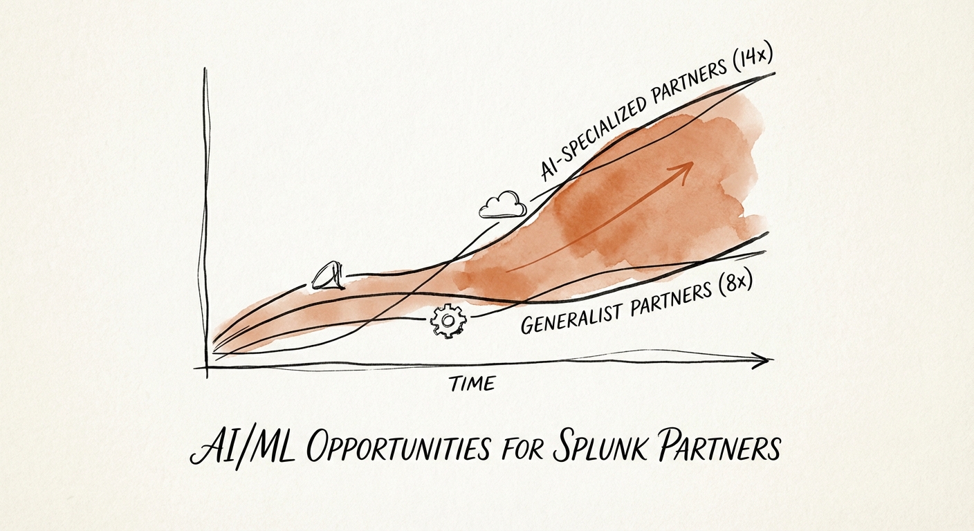Graph showing valuation multiple divergence between Generalist Splunk Partners (8x) and AI-Specialized Partners (14x) over time.