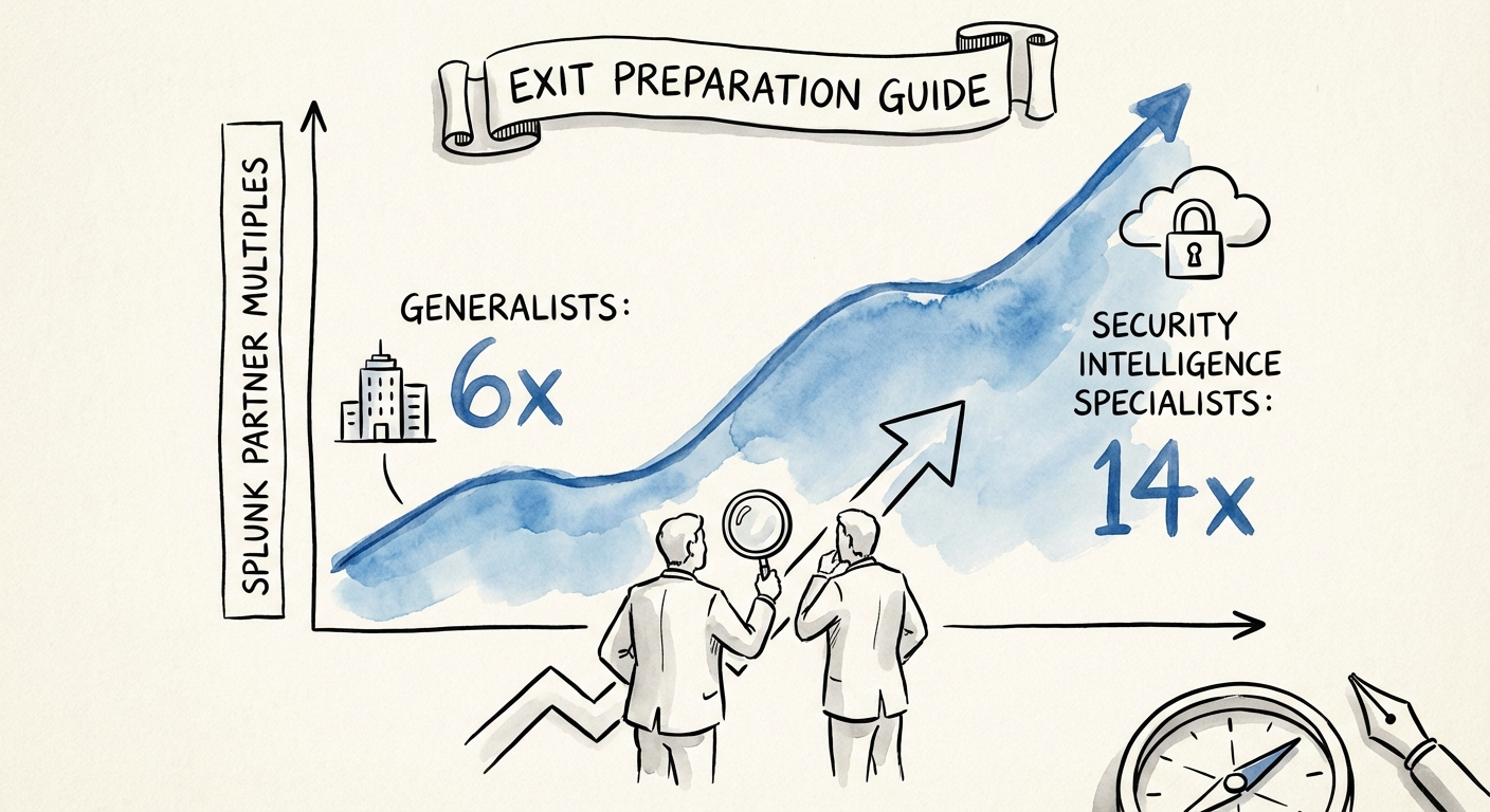 A valuation comparison chart showing Splunk partner multiples rising from 6x for generalists to 14x for security intelligence specialists.