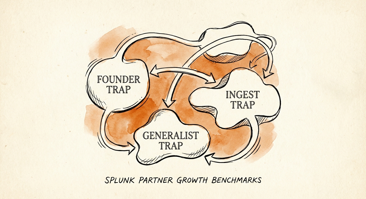 Diagram illustrating the three growth stalls for Splunk partners: Founder Trap, Ingest Trap, and Generalist Trap