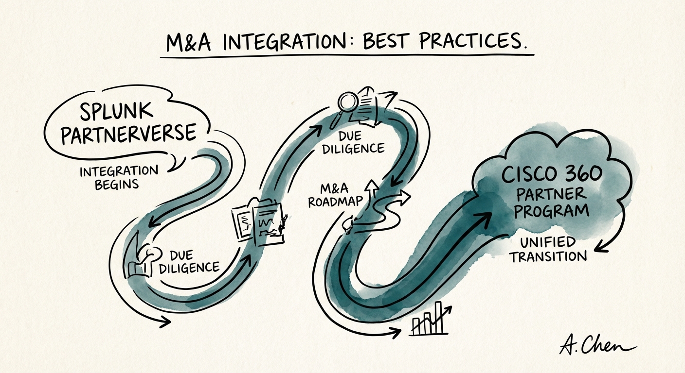 A roadmap graphic illustrating the timeline for transitioning from Splunk Partnerverse to Cisco 360 Partner Program.