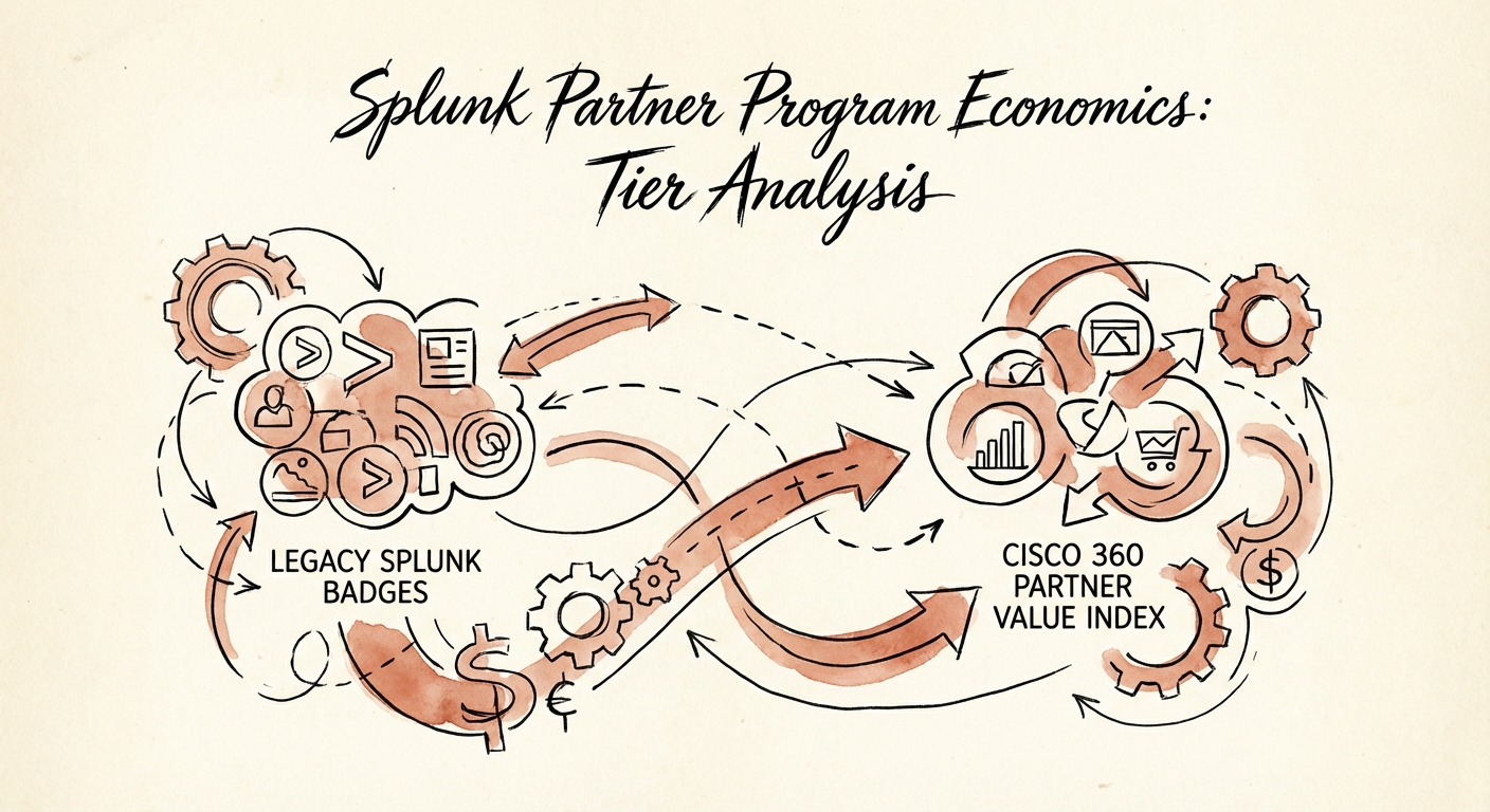 Diagram illustrating the mapping of legacy Splunk Partnerverse Badges to the new Cisco 360 Partner Value Index categories.