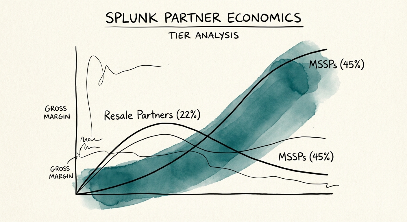 Graph showing the gross margin divergence between Splunk Resale Partners (22%) and Managed Security Service Providers (45%).