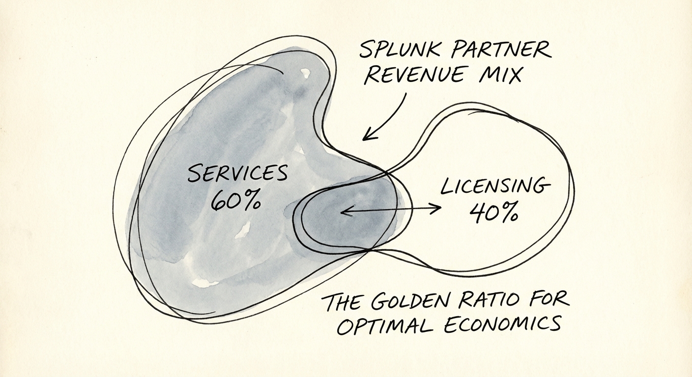 Diagram illustrating the 'Golden Ratio' of 40% Licensing to 60% Services for optimal Splunk partner unit economics.
