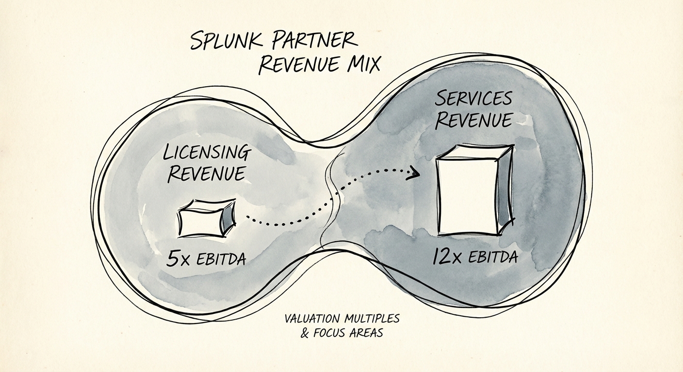 Chart showing valuation multiples for Splunk partners based on revenue mix, contrasting 5x EBITDA for resale-heavy firms vs 12x for services-heavy firms.