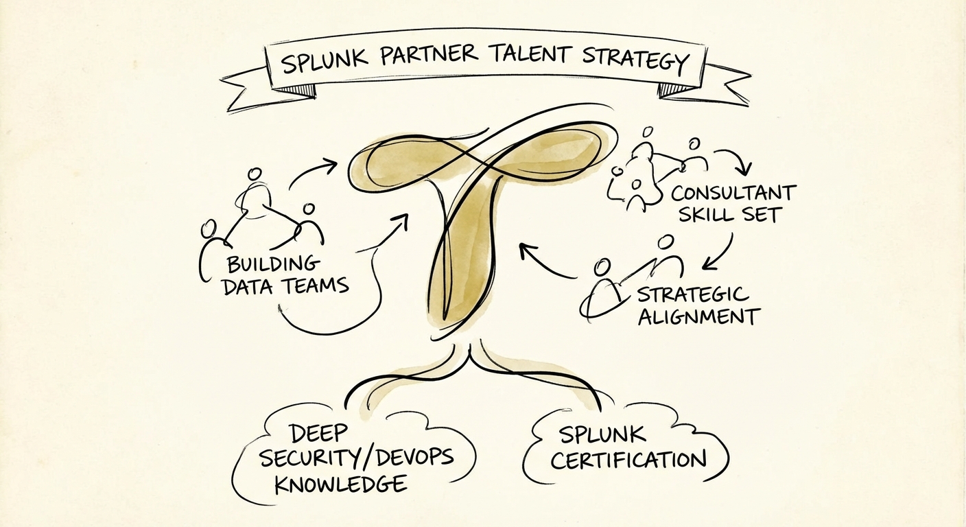 Diagram illustrating the T-Shaped Splunk Consultant skill set: Deep Security/DevOps knowledge + Splunk Certification.