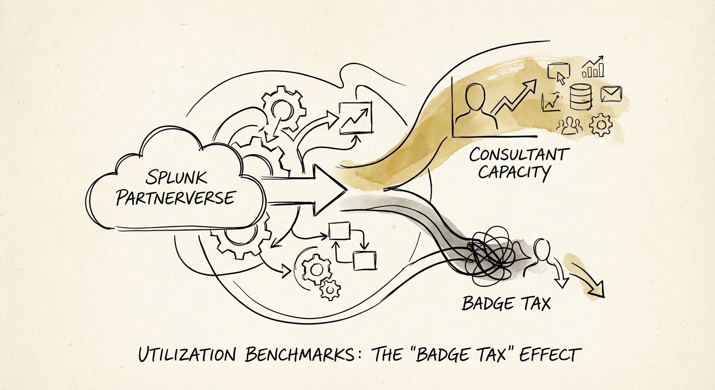 Diagram showing the 'Badge Tax' impact on consultant capacity within the Splunk Partnerverse ecosystem.