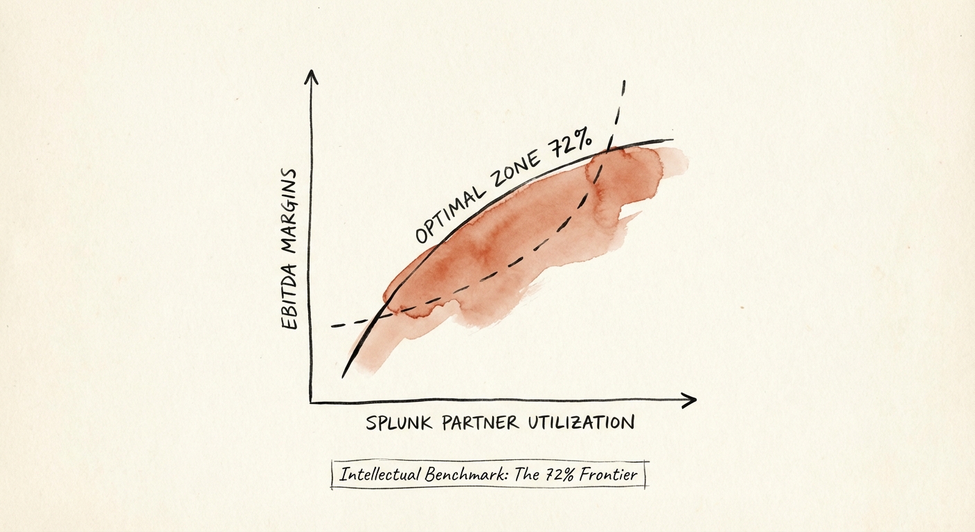 Graph comparing Splunk partner utilization rates against EBITDA margins, highlighting the 72% optimal zone.