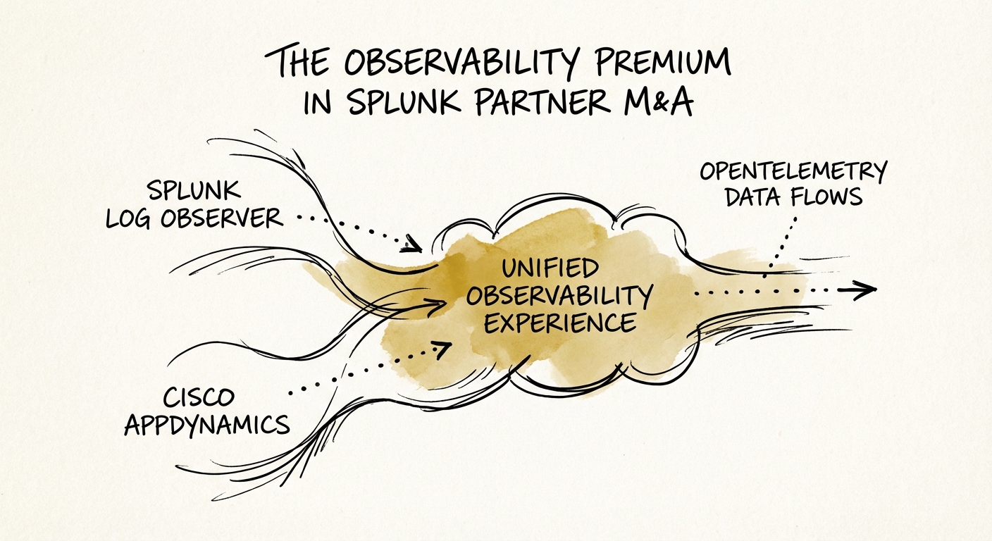 Diagram illustrating the 'Unified Observability Experience' merging Splunk Log Observer with Cisco AppDynamics and OpenTelemetry data flows.