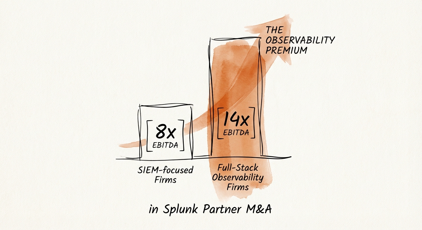 Chart showing valuation multiples for Splunk partners: SIEM-focused firms at 8x EBITDA vs. Full-Stack Observability firms at 14x EBITDA.