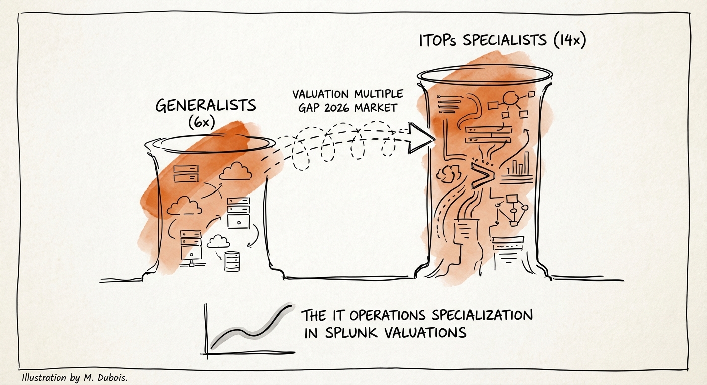 Comparison chart showing the valuation multiple gap between Splunk Generalists (6x) and ITOps Specialists (14x) in the 2026 market.