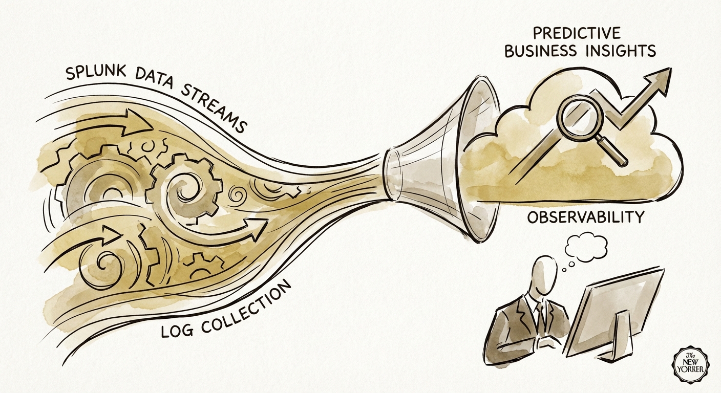 Abstract visualization of Splunk data streams transforming into predictive business insights, representing the value shift from log collection to observability.