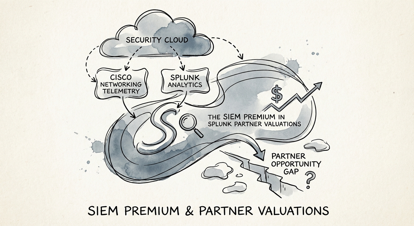 Diagram illustrating the 'Security Cloud' integration of Cisco networking telemetry and Splunk analytics, highlighting the partner opportunity gap.