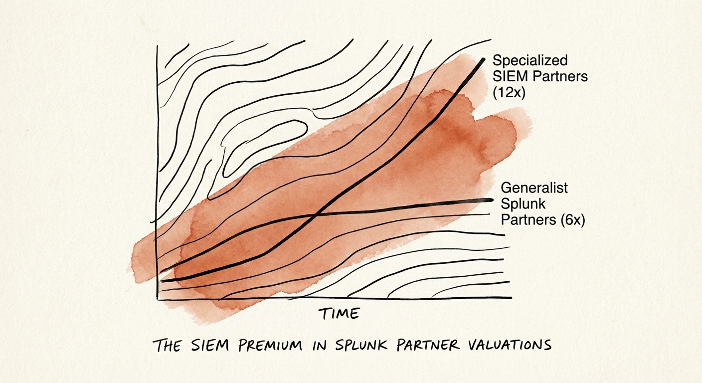 Graph showing valuation multiple divergence between Generalist Splunk Partners (6x) and Specialized SIEM Partners (12x) over time.