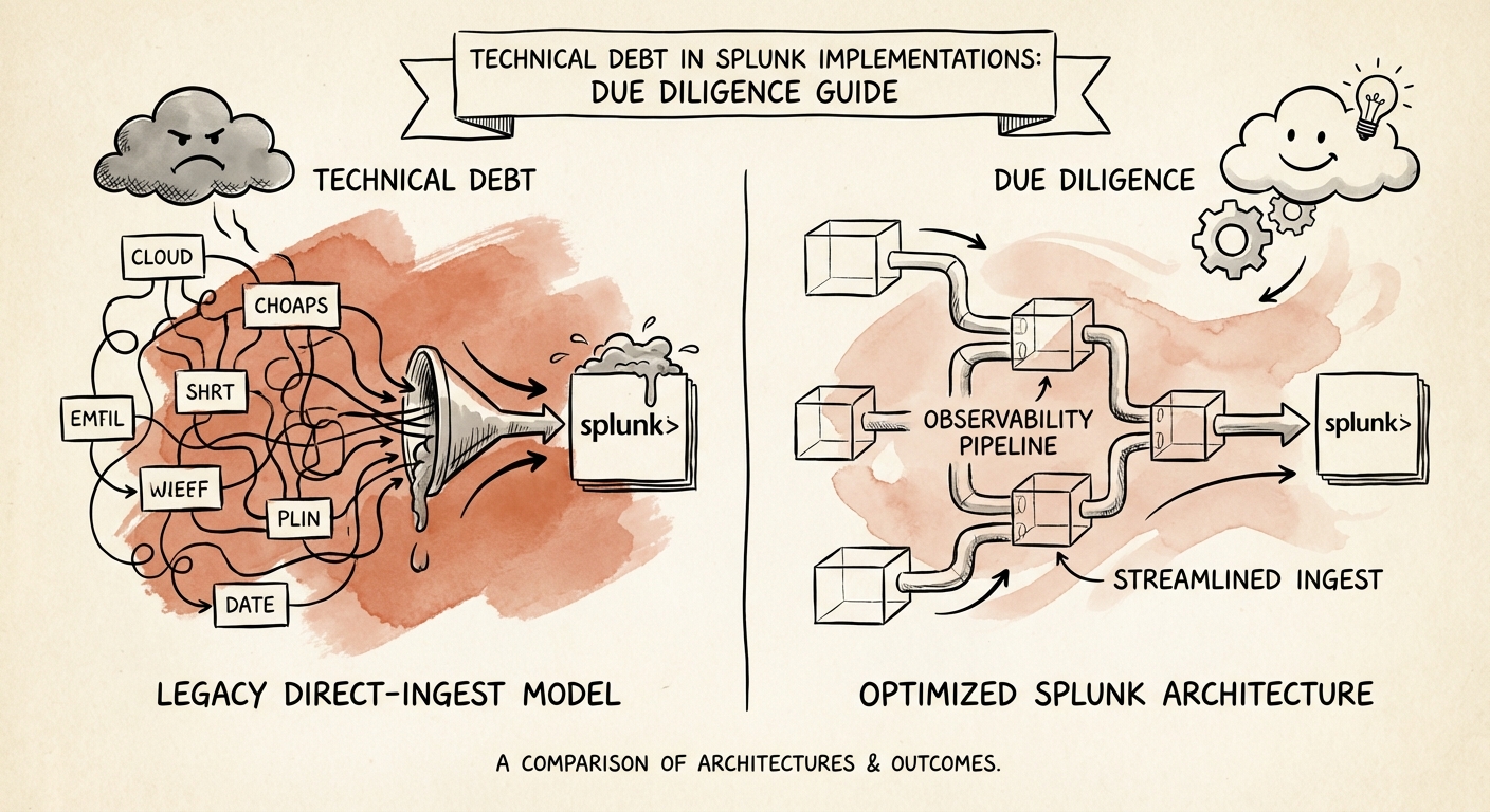 A diagram comparing optimized Splunk architecture using an observability pipeline versus a legacy direct-ingest model.