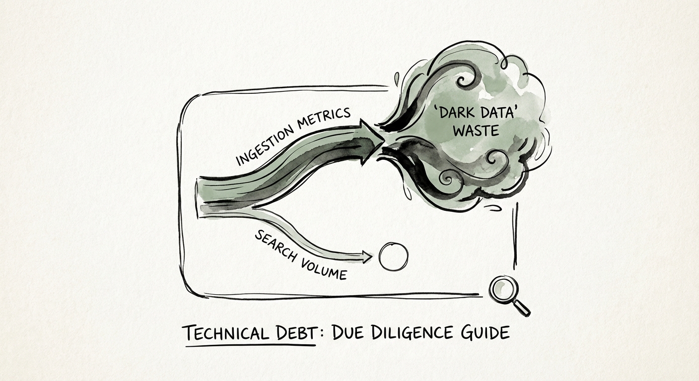 A dashboard showing Splunk ingestion metrics versus actual search volume, highlighting 'Dark Data' waste.