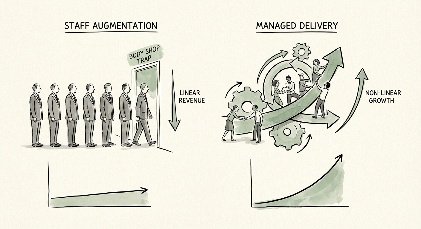 Comparison chart showing Staff Augmentation linear revenue vs Managed Delivery non-linear growth curve