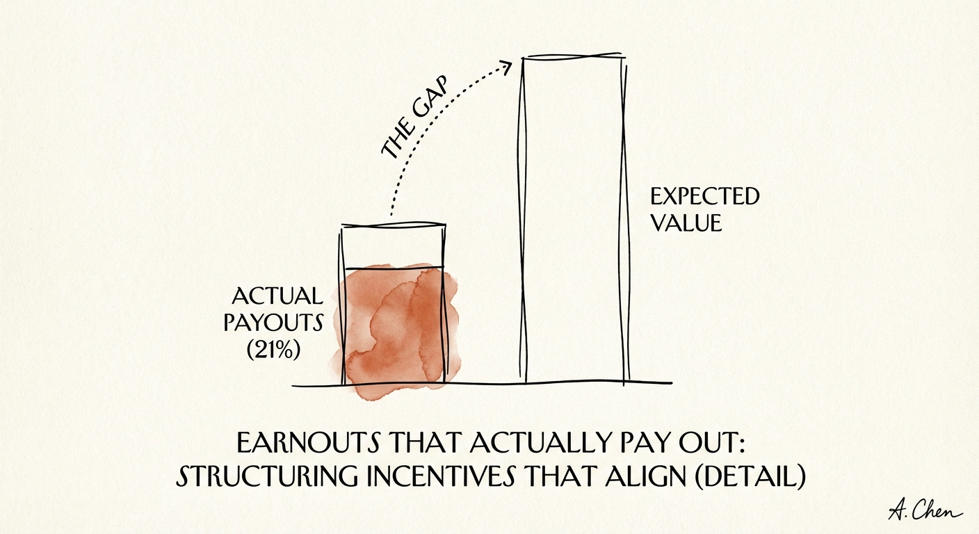 Bar chart comparing actual earnout payouts (21%) vs expected
value, highlighting the gap.