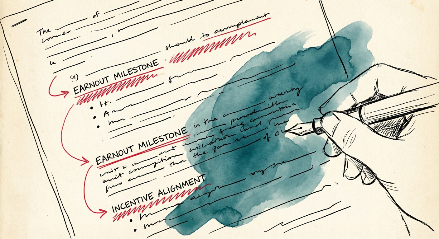 A close-up of a contract showing earnout milestone clauses with redlining and a fountain pen.