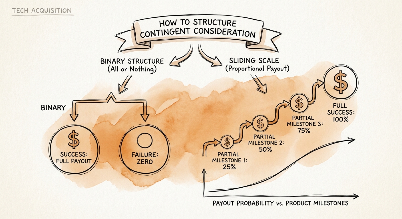 Chart showing the payout probability of binary vs. sliding scale earnout structures in tech acquisitions.