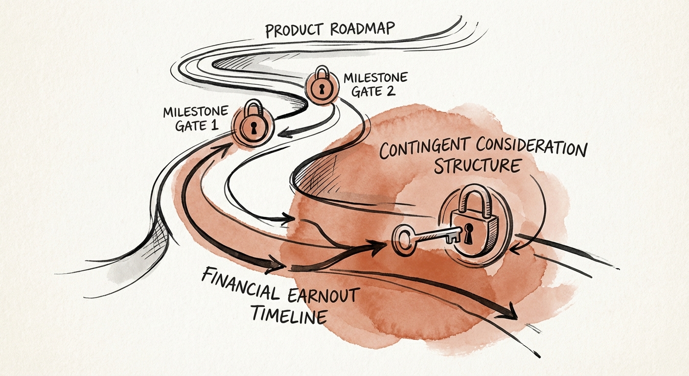 Abstract visualization of a product roadmap merging with a financial earnout timeline, showing milestones as locked gates.