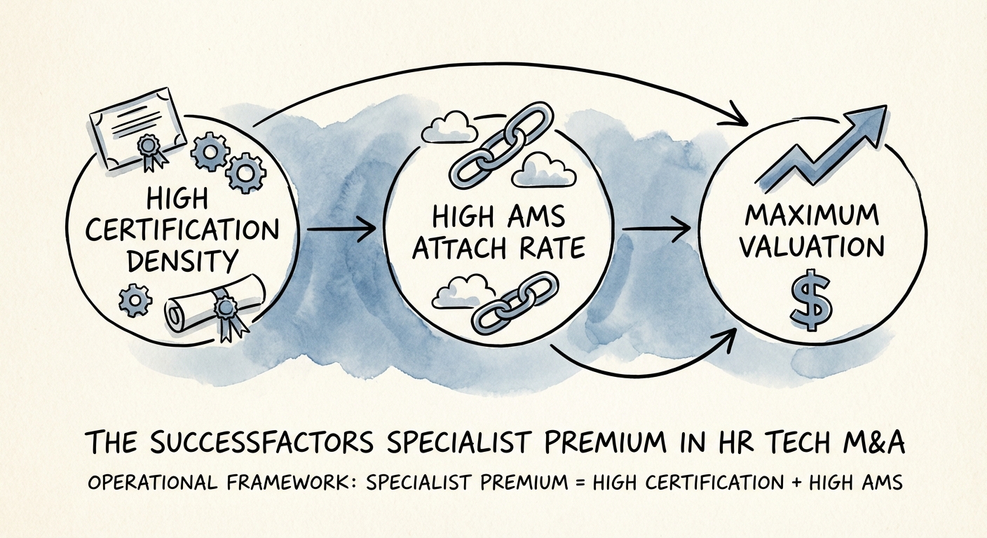 Diagram illustrating the 'Specialist Premium' operational framework: High Certification Density + High AMS Attach Rate = Maximum Valuation.