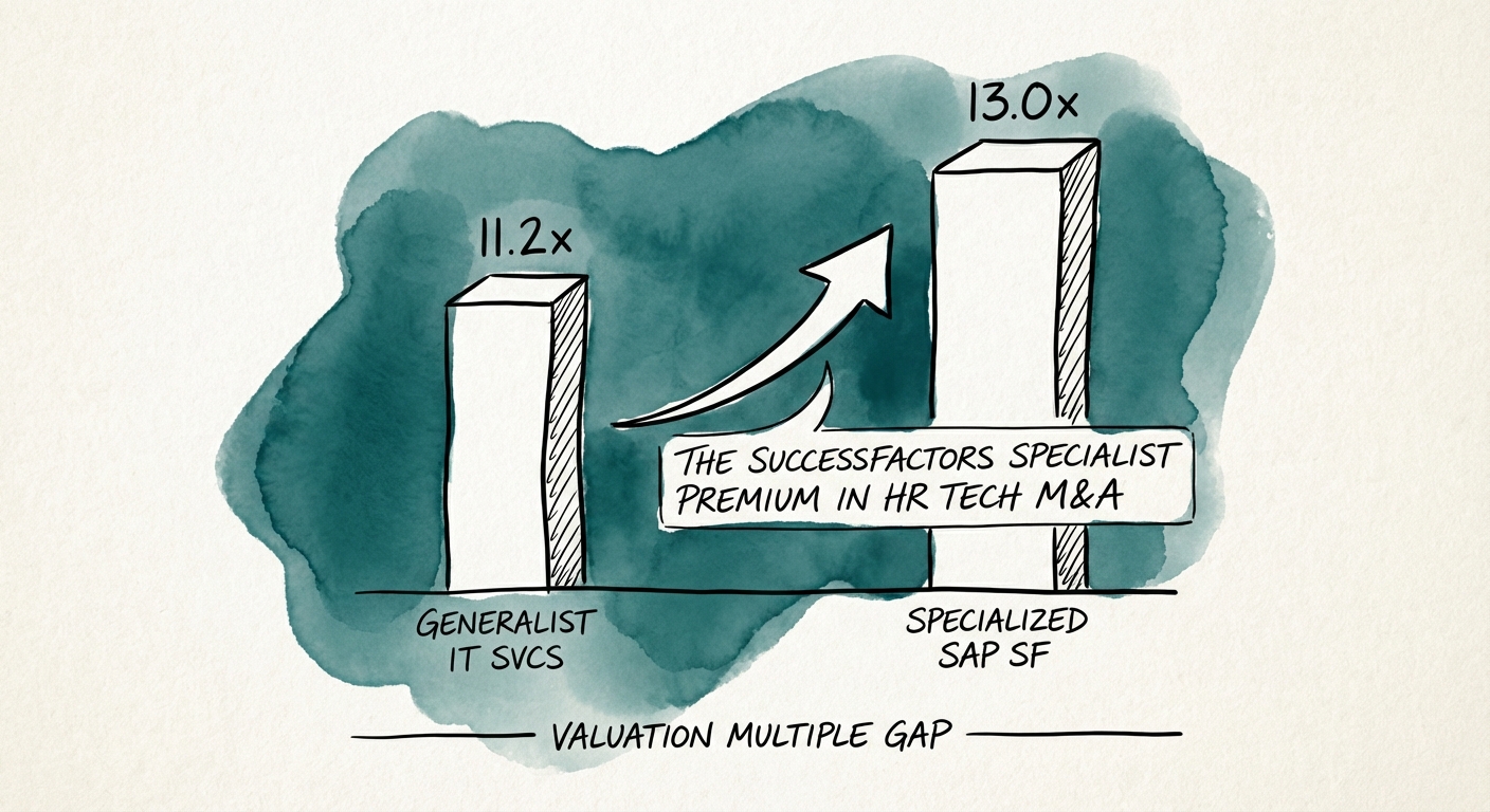 Graph showing the valuation multiple gap between generalist IT services (11.2x) and specialized SAP SuccessFactors partners (13.0x).