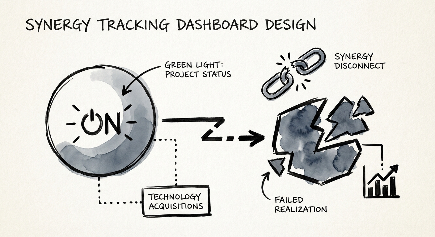 Diagram showing the disconnect between 'Green Light' project status and 'Red' financial realization in failed integrations.