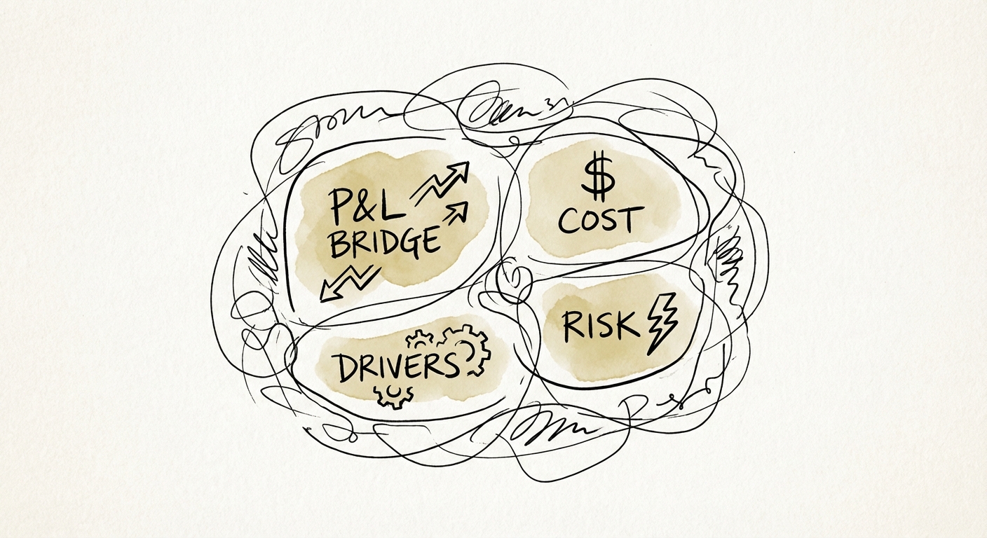 A specialized synergy tracking dashboard displaying four layers of metrics: P&L bridge, operational drivers, cost to achieve, and risk sentiment.