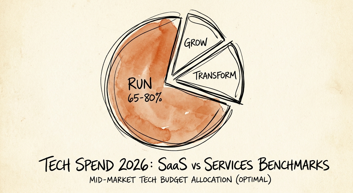 Pie chart detailing the optimal 65-80 percent Run, Grow, and Transform IT budget allocation for mid-market tech companies.