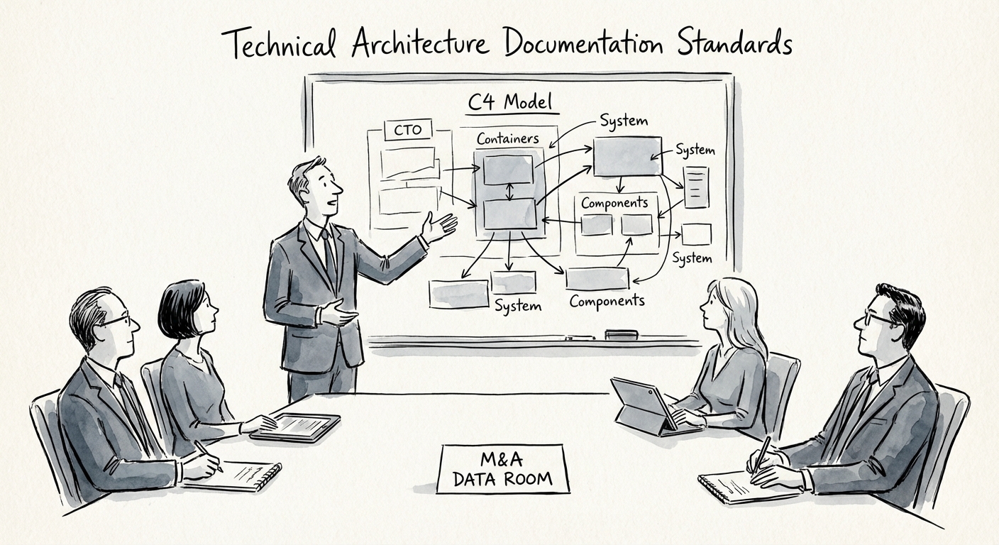 A CTO reviewing C4 model architecture diagrams on a tablet during a due diligence meeting.