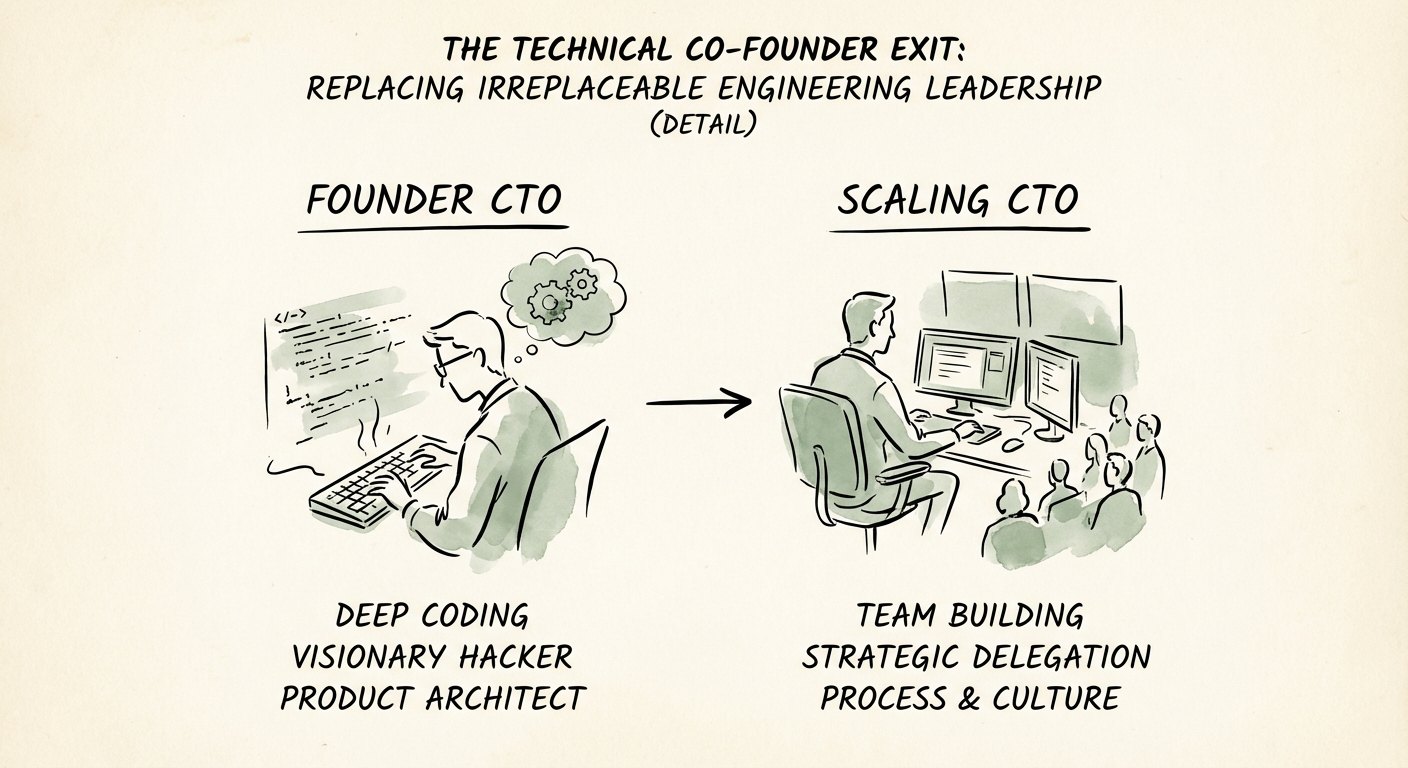 A comparison chart showing the traits of a Founder CTO vs.
a Scaling CTO, highlighting the shift from coding to management.