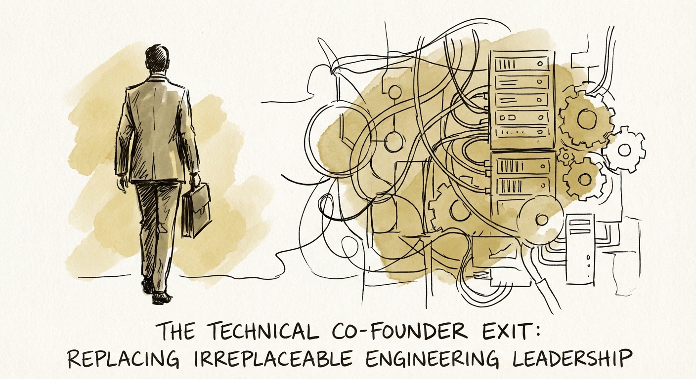 A silhouette of a business executive walking away from a complex server room, symbolizing technical key person risk.