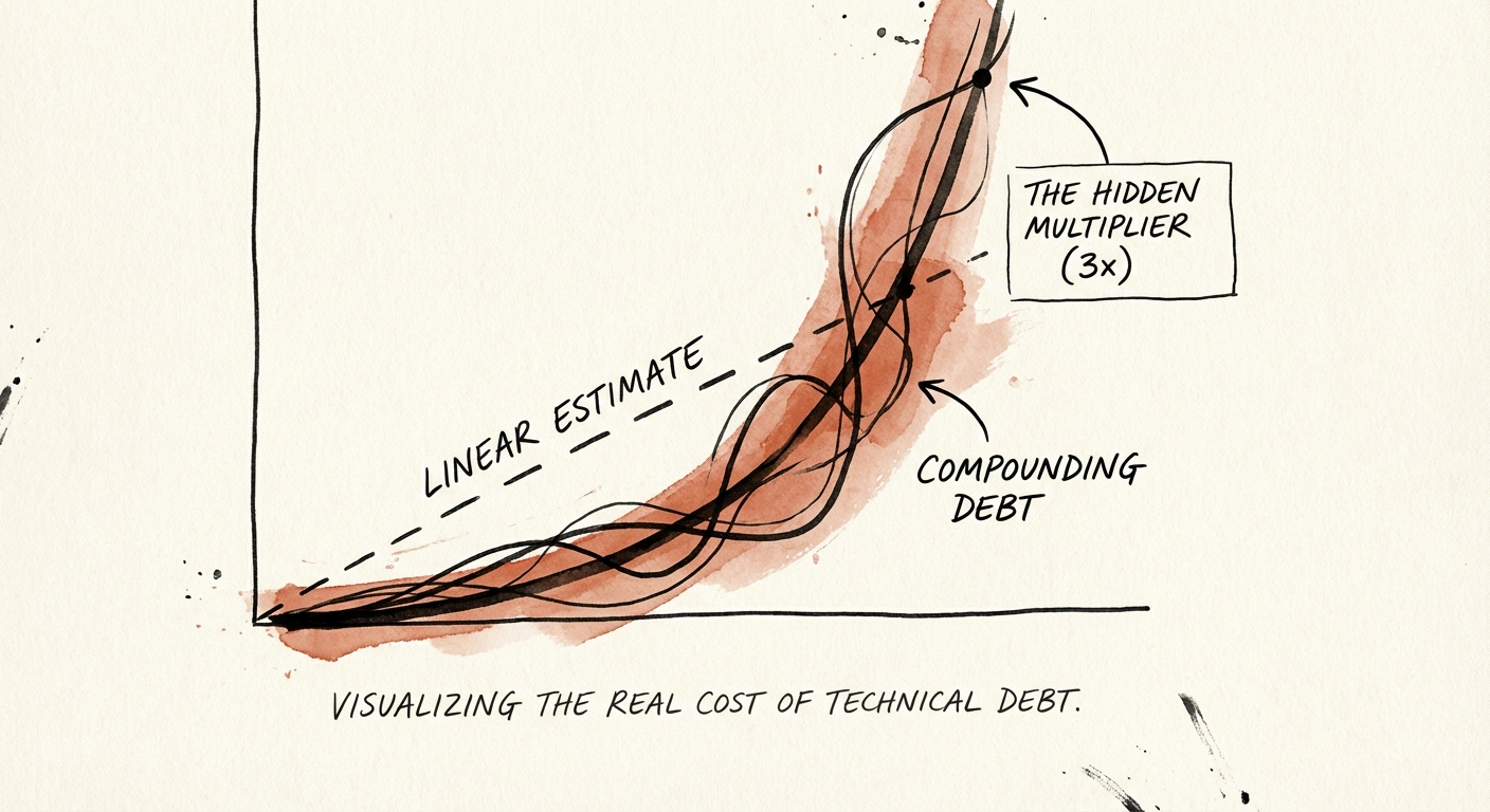 Chart showing the compounding cost of technical debt versus linear remediation estimates