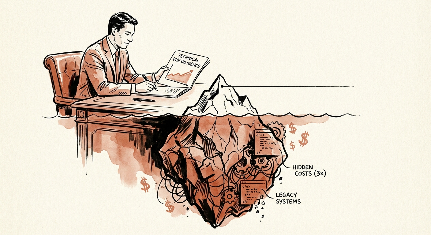 Private Equity Operating Partner reviewing a technical due diligence report highlighting hidden technical debt costs