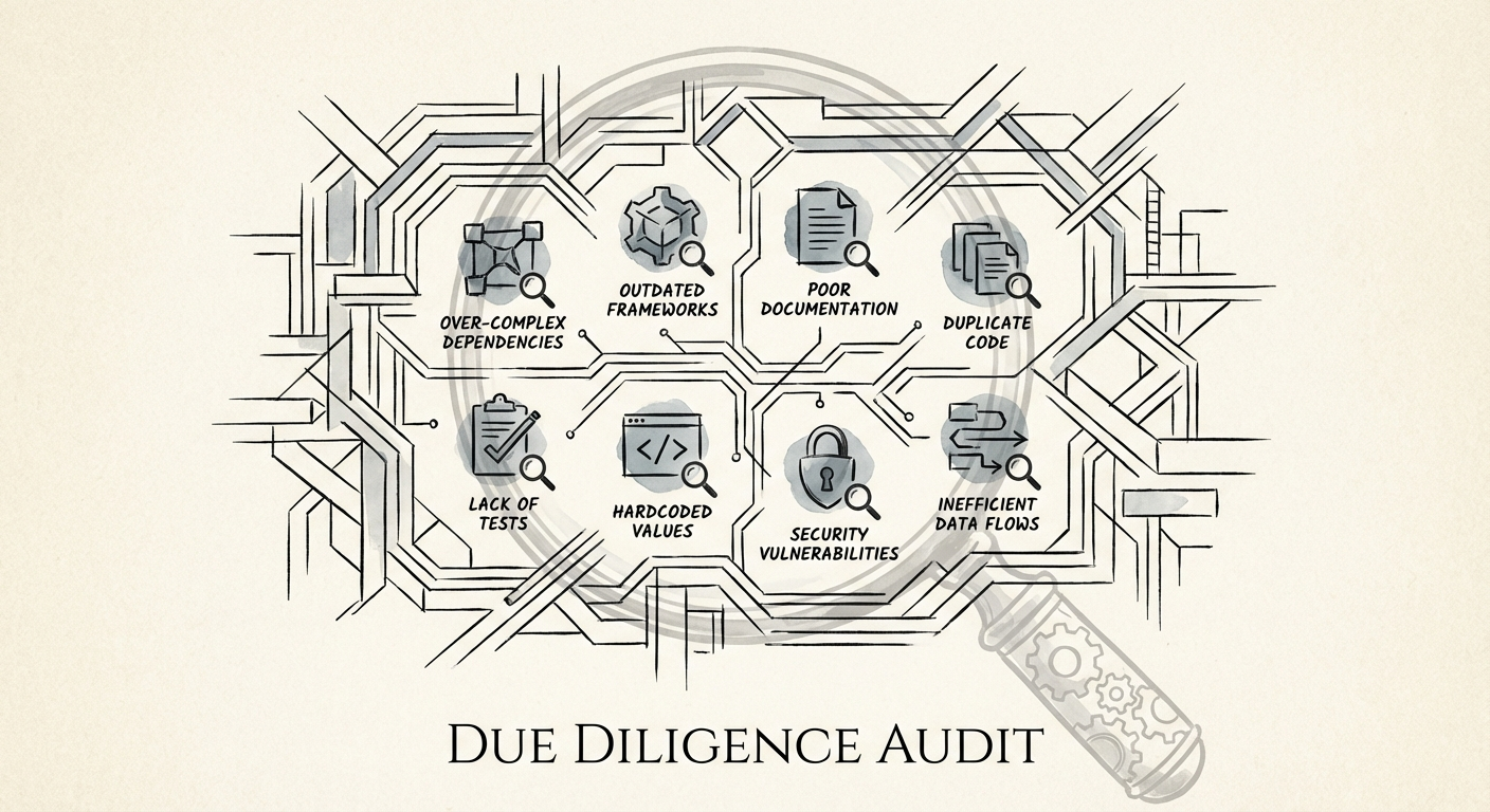 Abstract visualization of software code complexity and technical debt indicators during a due diligence audit