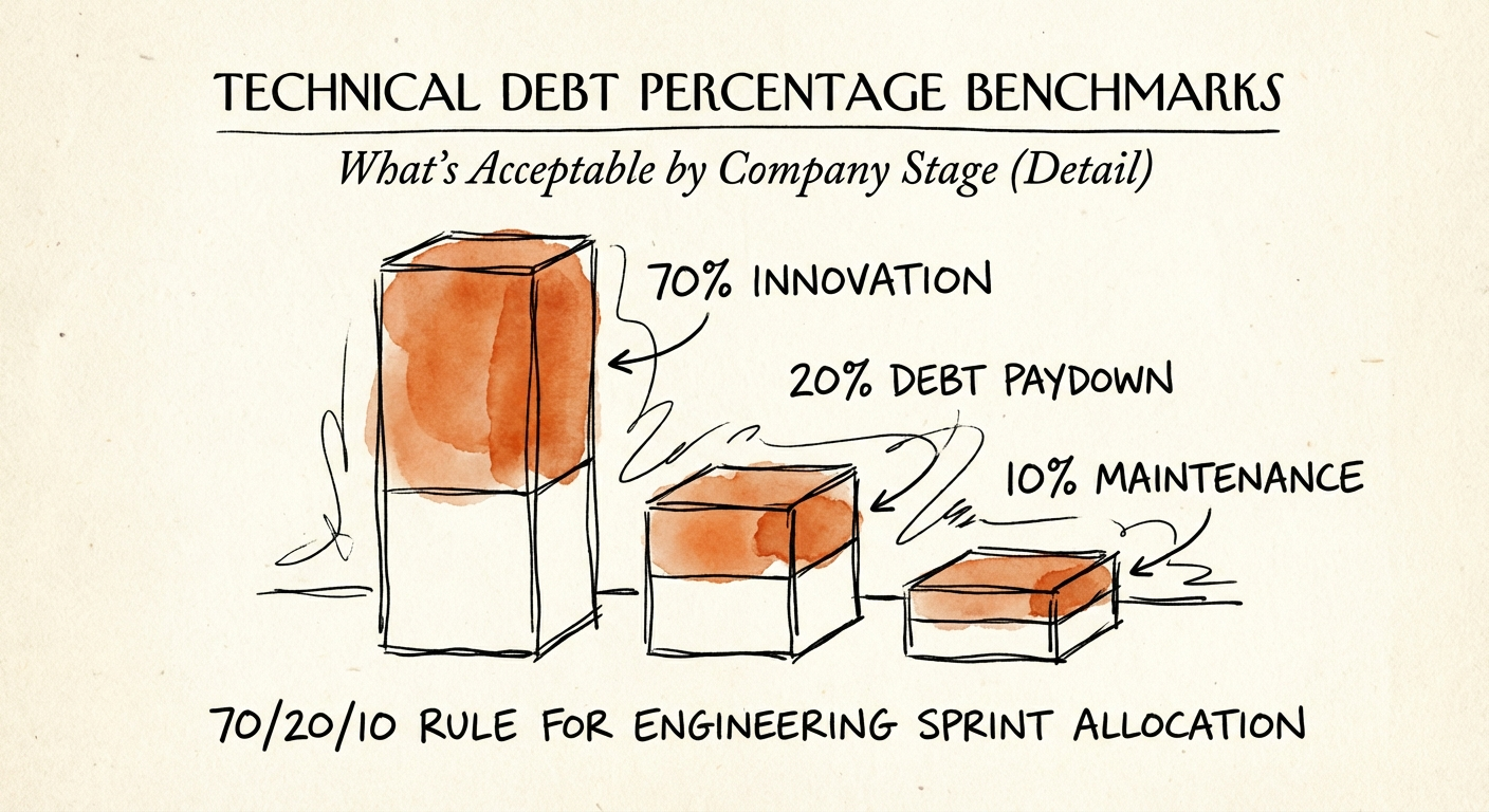 Chart illustrating the 70/20/10 rule for engineering sprint allocation: 70% innovation, 20% debt paydown, 10% maintenance.