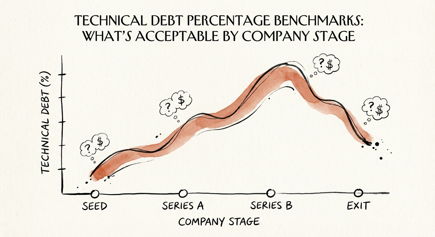 A visual graph showing technical debt percentage benchmarks rising and falling across Seed, Series A, Series B, and Exit stages.
