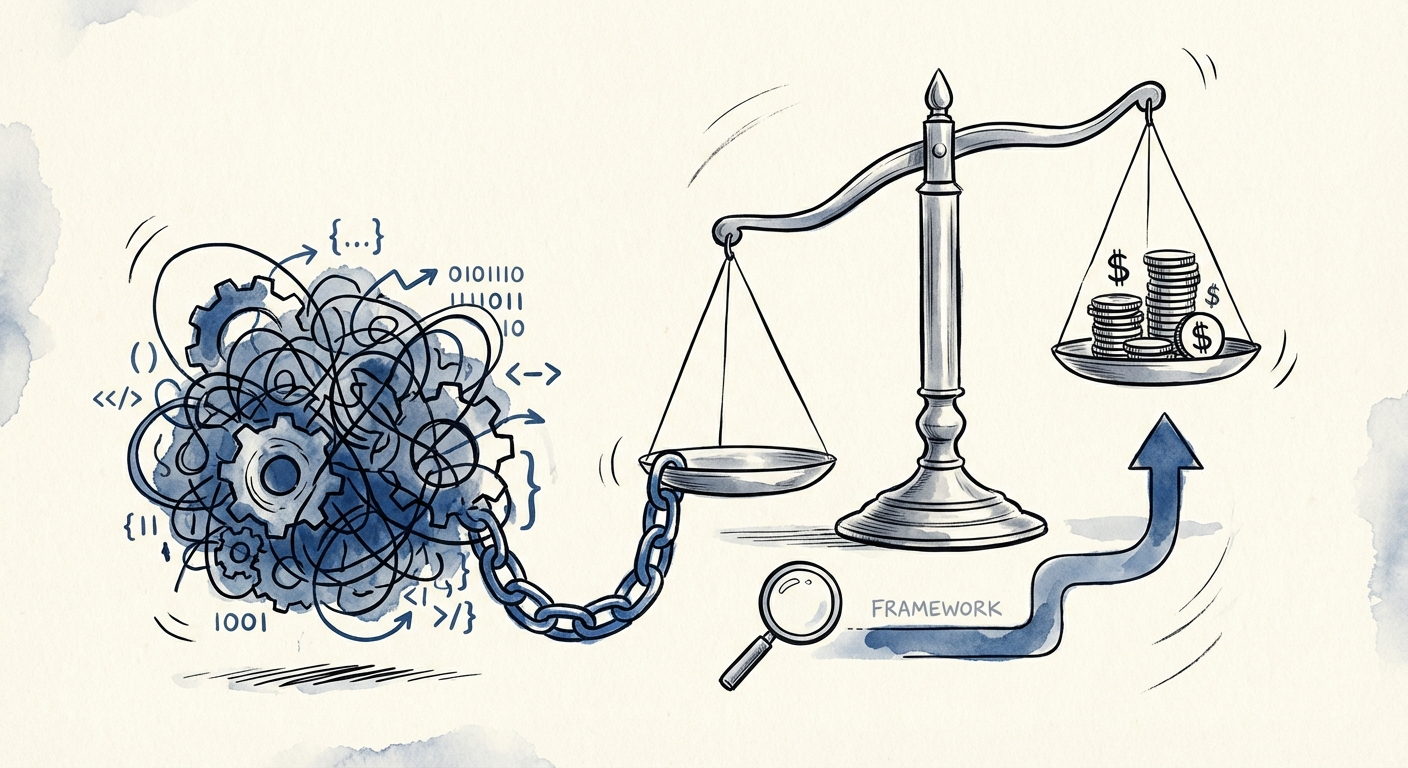 Abstract visualization of code complexity weighing down a financial balance sheet