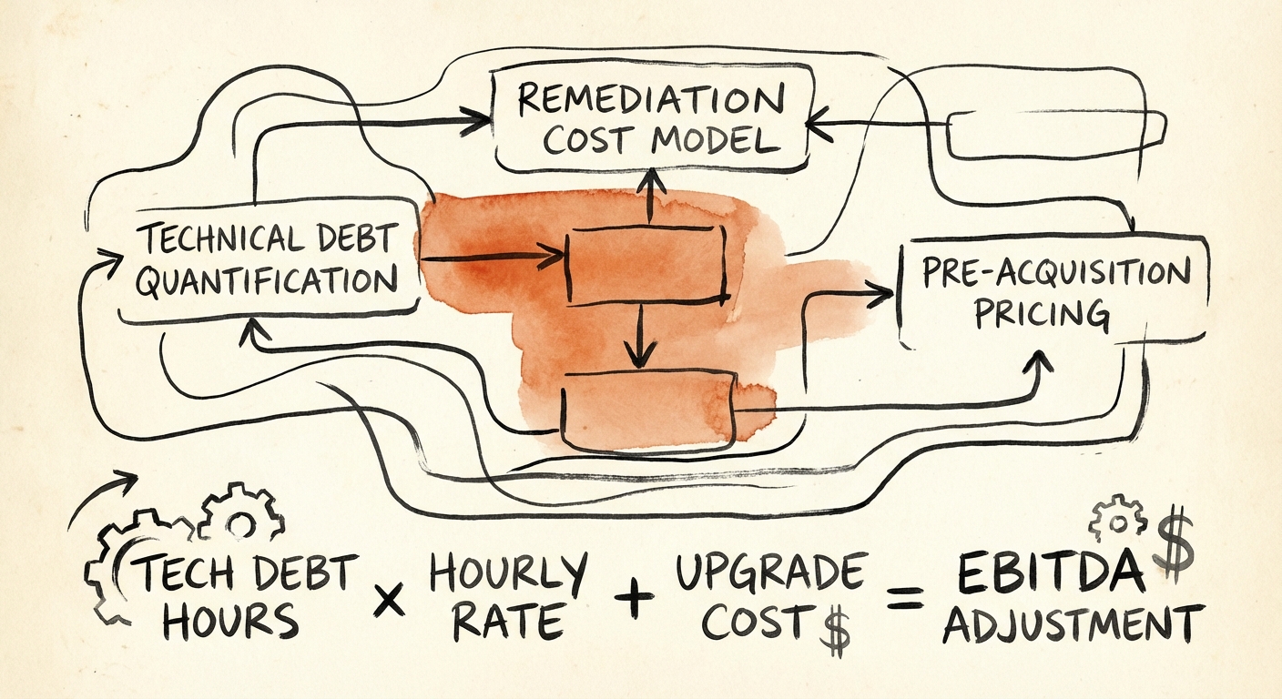 Diagram illustrating the Remediation Cost Model formula for calculating EBITDA adjustments from technical debt