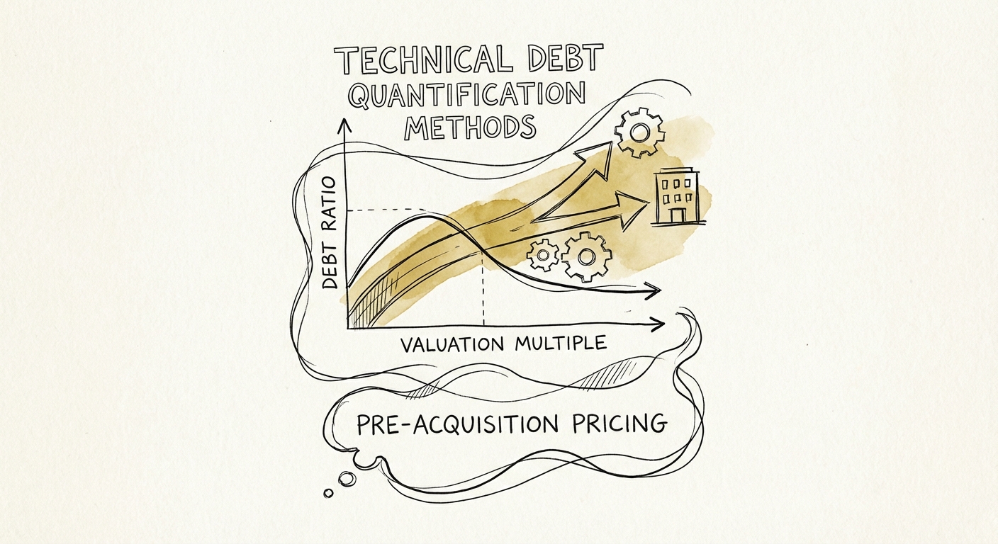 Chart showing the correlation between technical debt ratios and valuation multiples in private equity acquisitions
