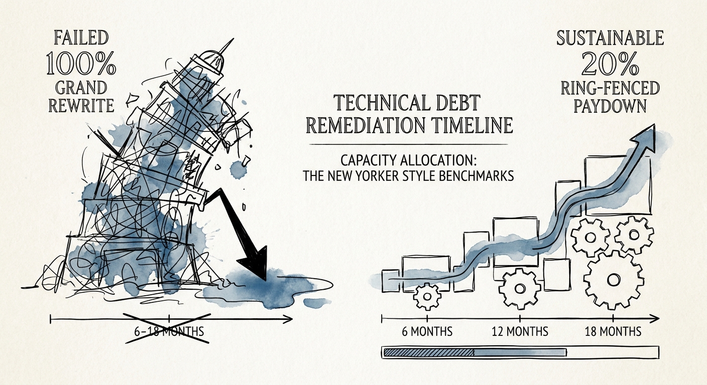 A capacity allocation chart comparing a failed 100 percent grand rewrite against a sustainable 20 percent ring-fenced tech debt paydown strategy.