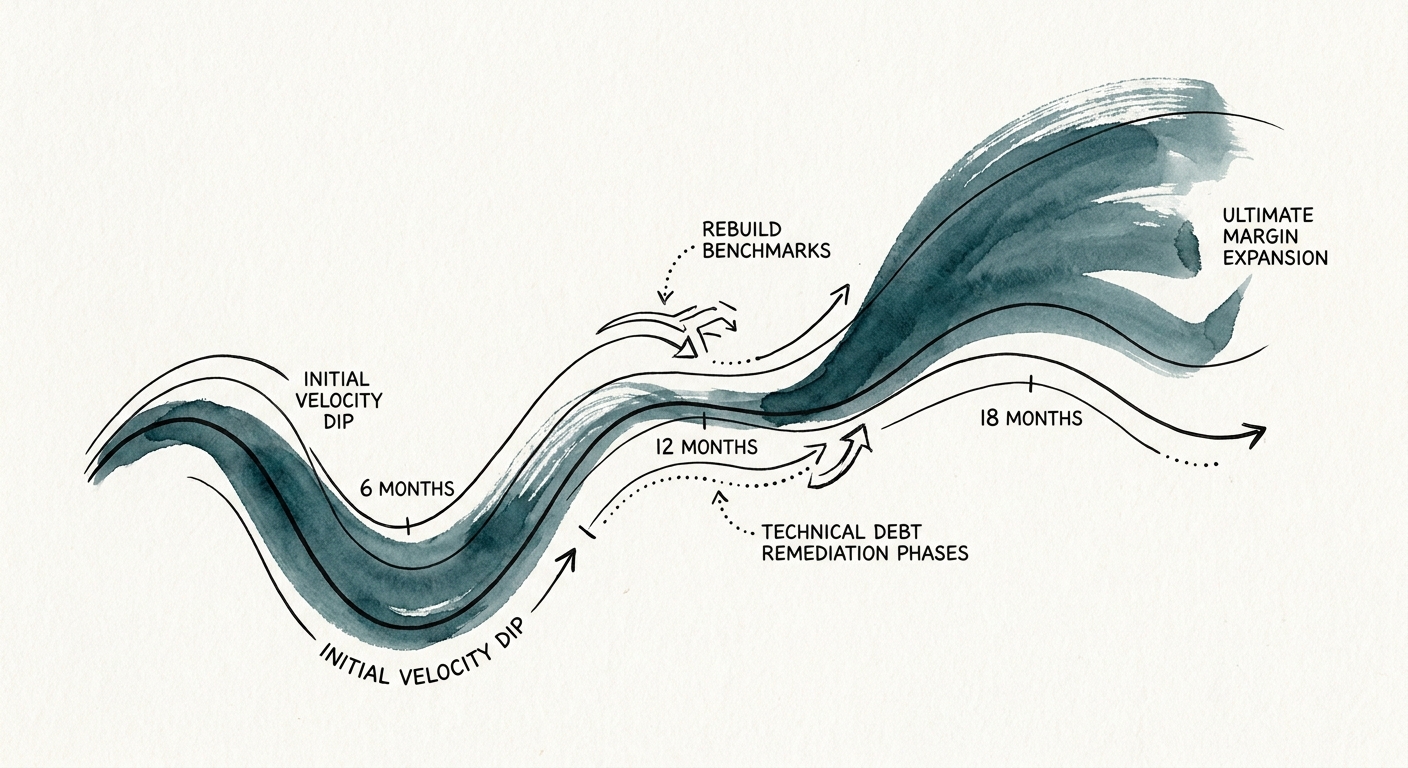 A timeline graph showing technical debt remediation phases from 6 to 18 months, illustrating the initial velocity dip and ultimate margin expansion.
