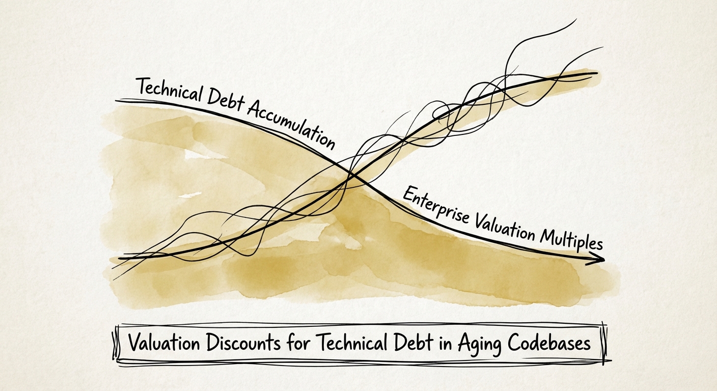 A conceptual graph showing the inverse relationship between technical debt accumulation and enterprise valuation multiples over time.
