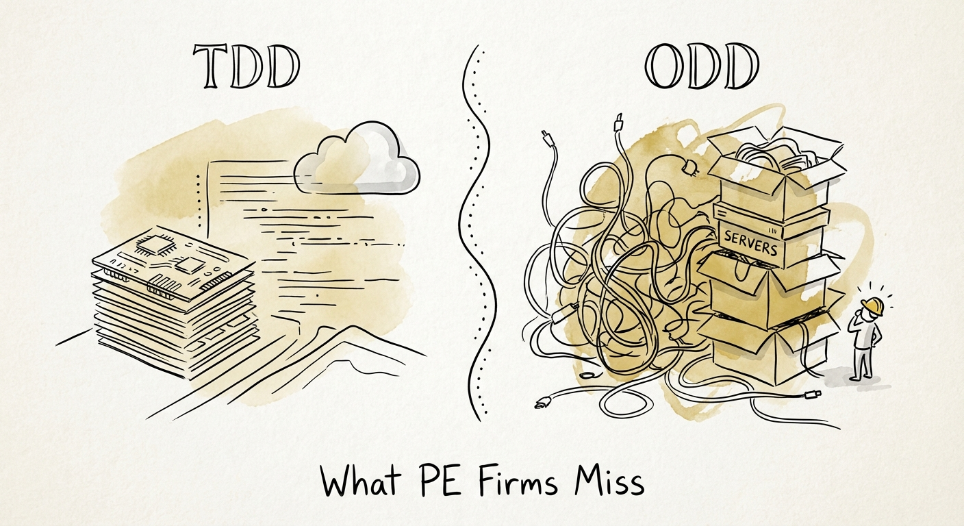 A split visual showing clean code on one side and a chaotic, manual server room on the other, representing the gap between TDD and ODD.