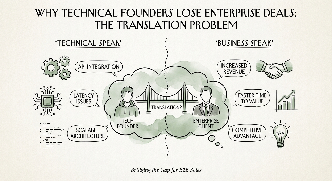 A split-screen graphic showing 'Technical Speak' vs 'Business Speak' translation examples for B2B sales.
