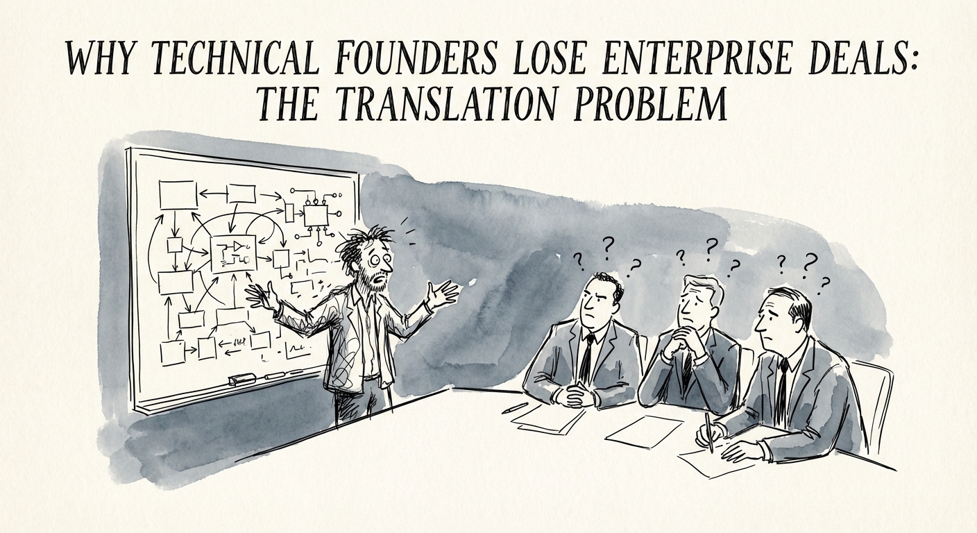 Technical founder presenting a complex architecture diagram to confused business executives in a boardroom.